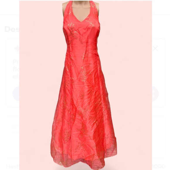 Vintage Y2K/90s Blondie Nites Vibrant Coral & Gold Floral Backless Dress - Picture 1 of 13